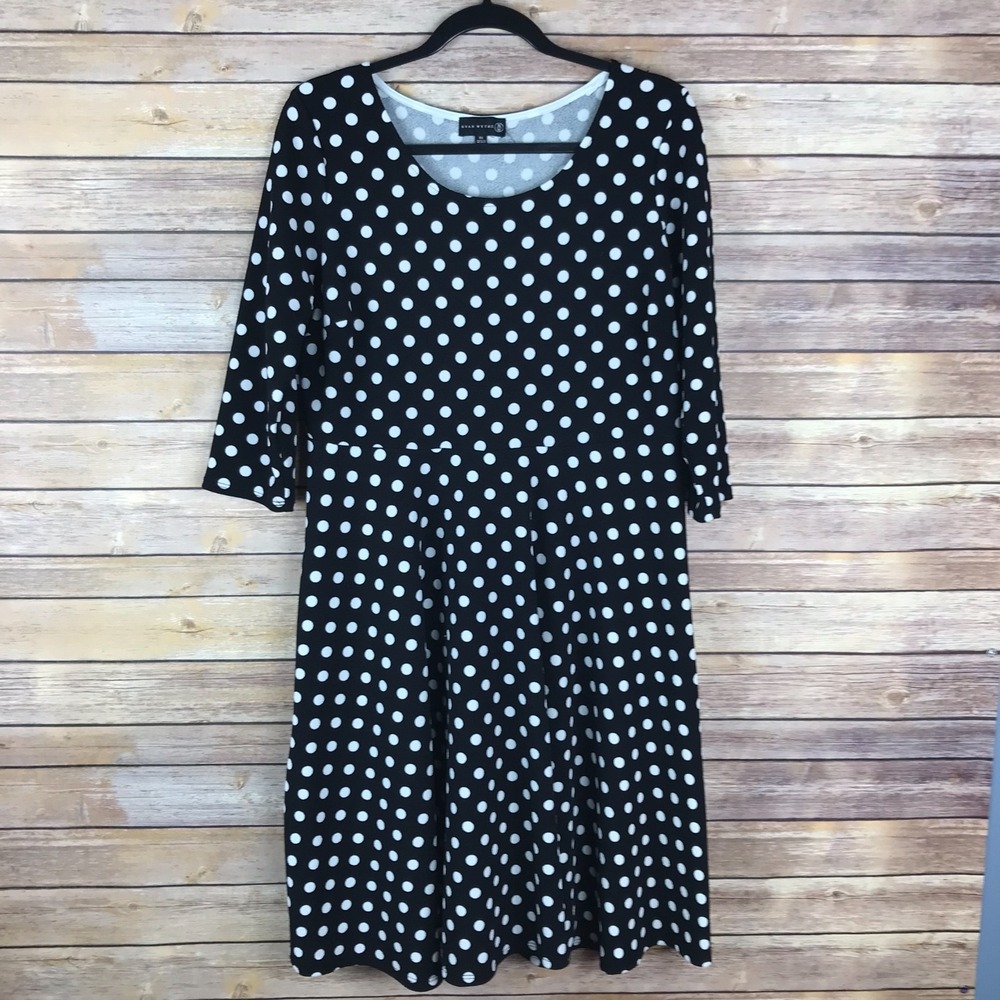 Ryan Wythe Dress Women 0X Black Polka Dot Fit and Flare 3/4 Sleeve Knit Pullover